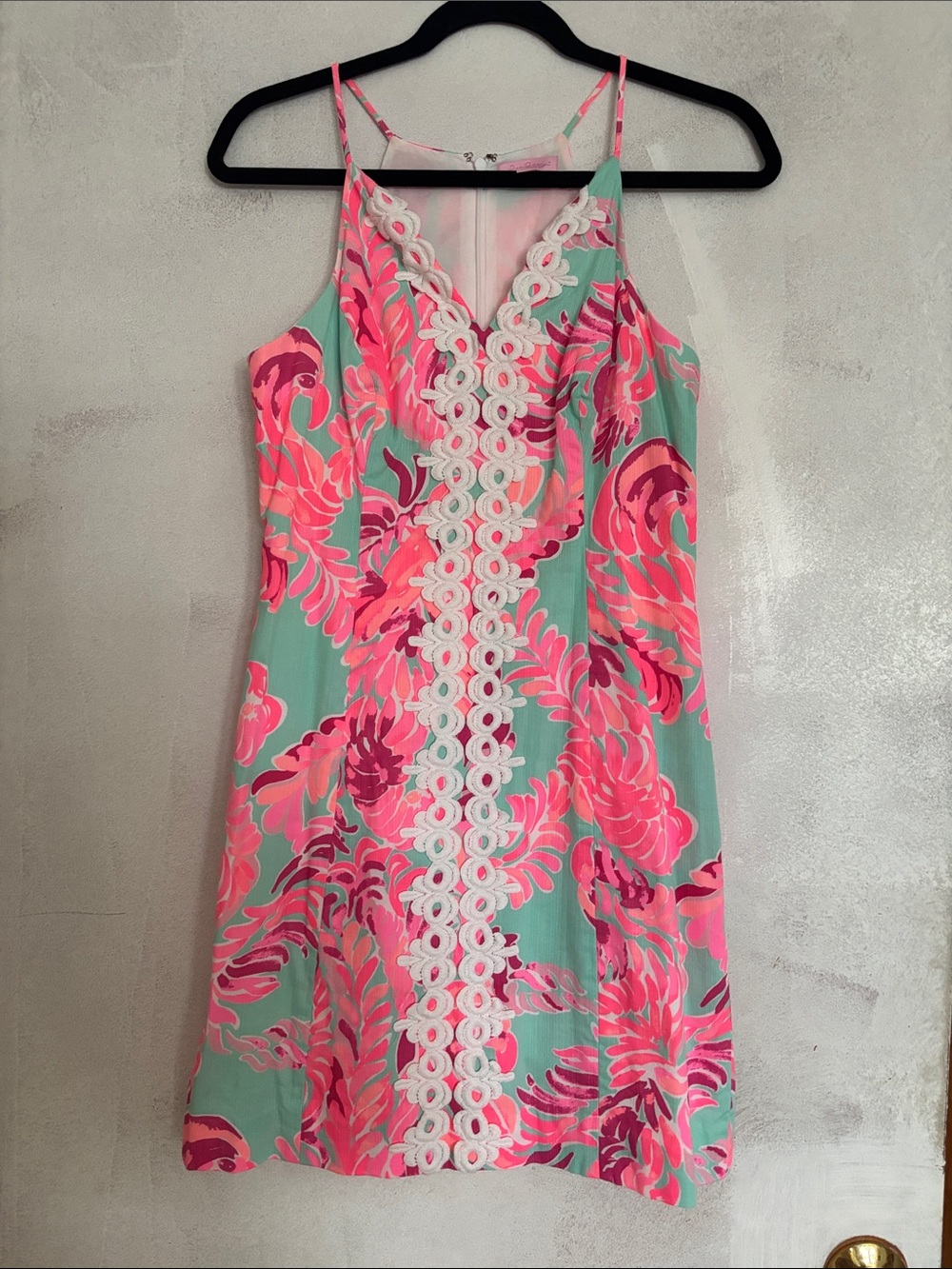 Lilly Pulitzer Mint Dress with Pink Floral and White Lace Trim
